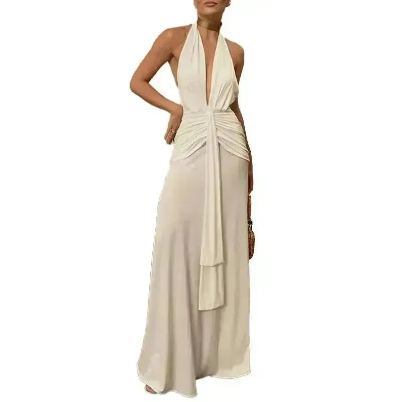 Women Summer Backless  Sleeveless Hanging Neck Pleated White Dress