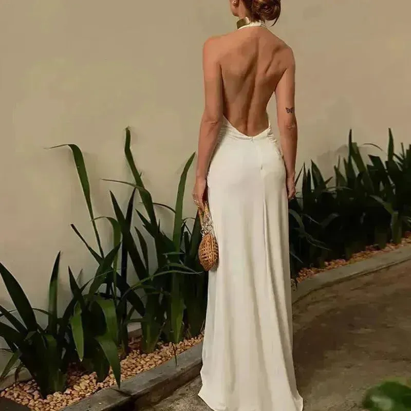 Women Summer Backless  Sleeveless Hanging Neck Pleated White Dress