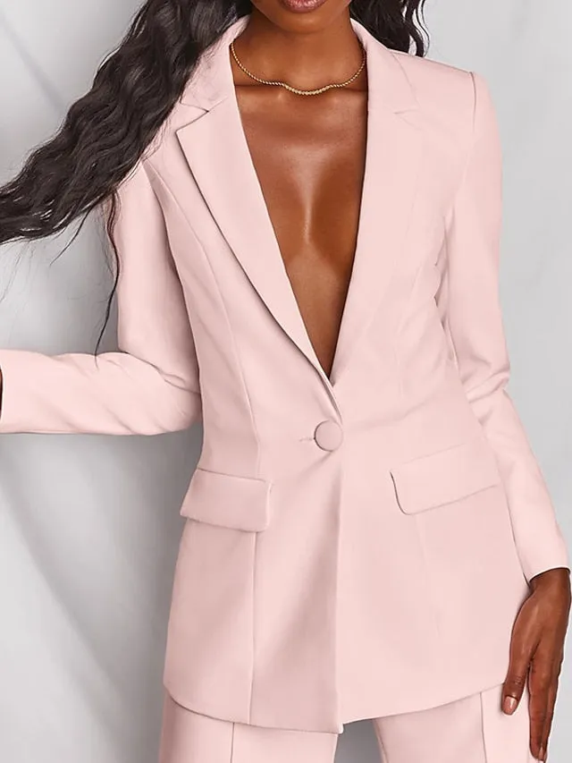 Women's Blazer Office Suit Pants Sets Dress Pants Business Black Yellow Office Daily Solid Color Shirt Collar S M L XL XXL