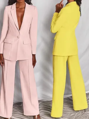 Women's Blazer Office Suit Pants Sets Dress Pants Business Black Yellow Office Daily Solid Color Shirt Collar S M L XL XXL