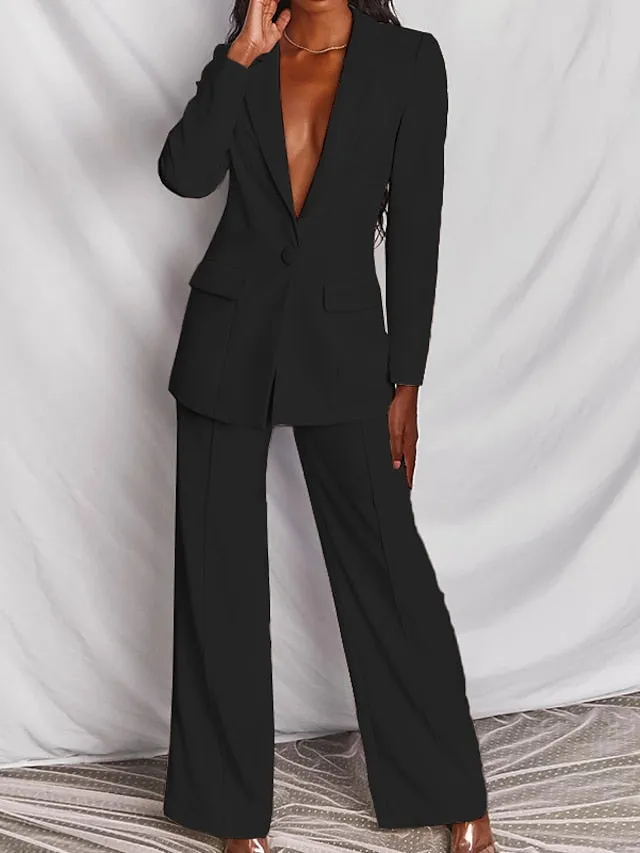 Women's Blazer Office Suit Pants Sets Dress Pants Business Black Yellow Office Daily Solid Color Shirt Collar S M L XL XXL
