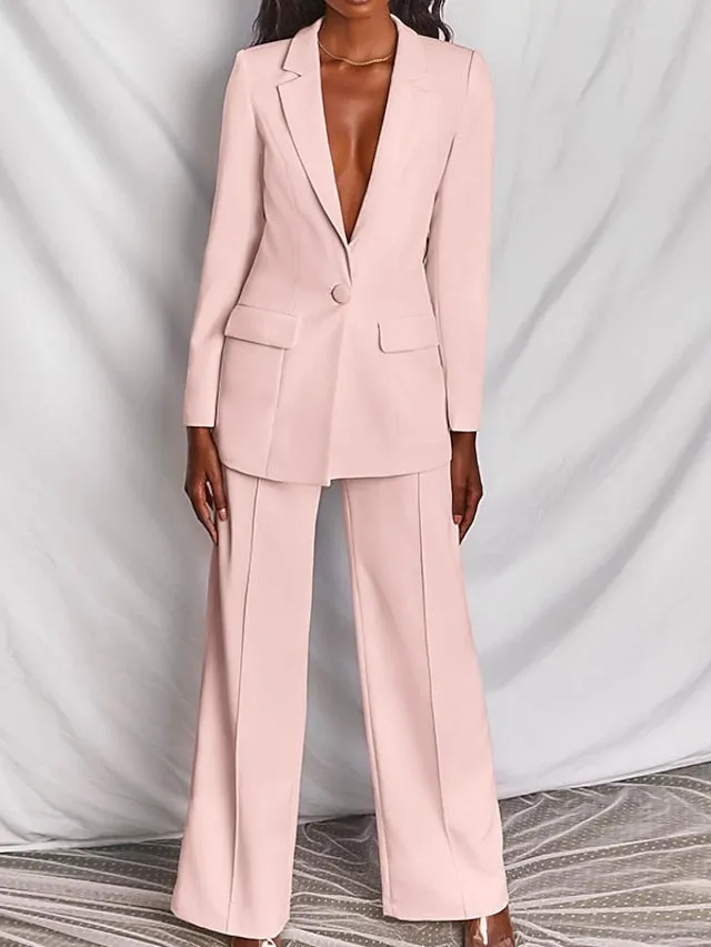 Women's Blazer Office Suit Pants Sets Dress Pants Business Black Yellow Office Daily Solid Color Shirt Collar S M L XL XXL