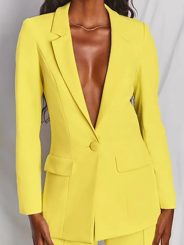Women's Blazer Office Suit Pants Sets Dress Pants Business Black Yellow Office Daily Solid Color Shirt Collar S M L XL XXL