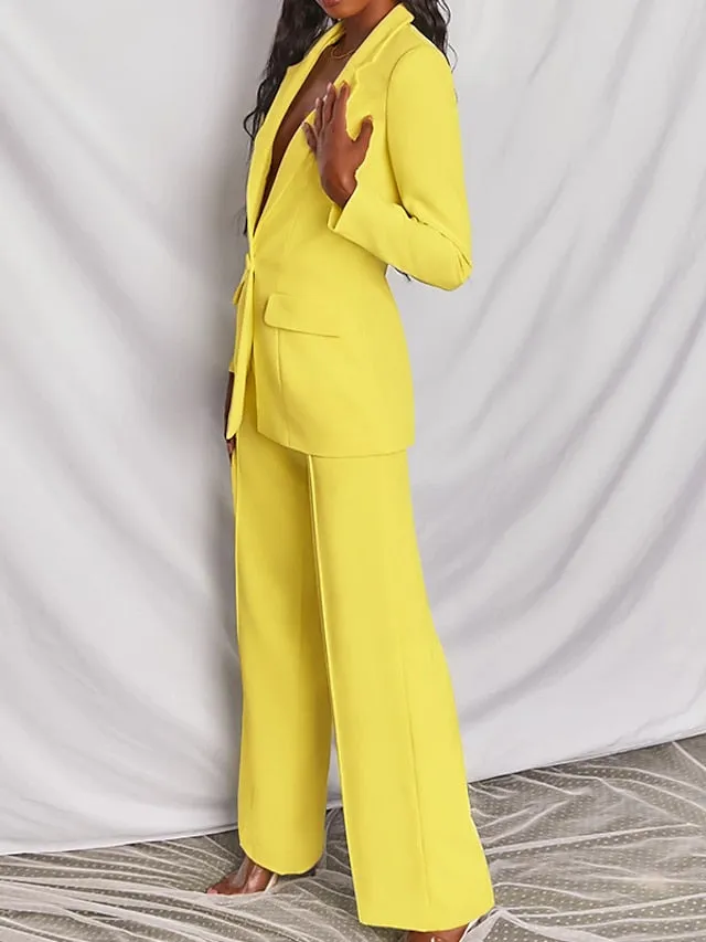 Women's Blazer Office Suit Pants Sets Dress Pants Business Black Yellow Office Daily Solid Color Shirt Collar S M L XL XXL