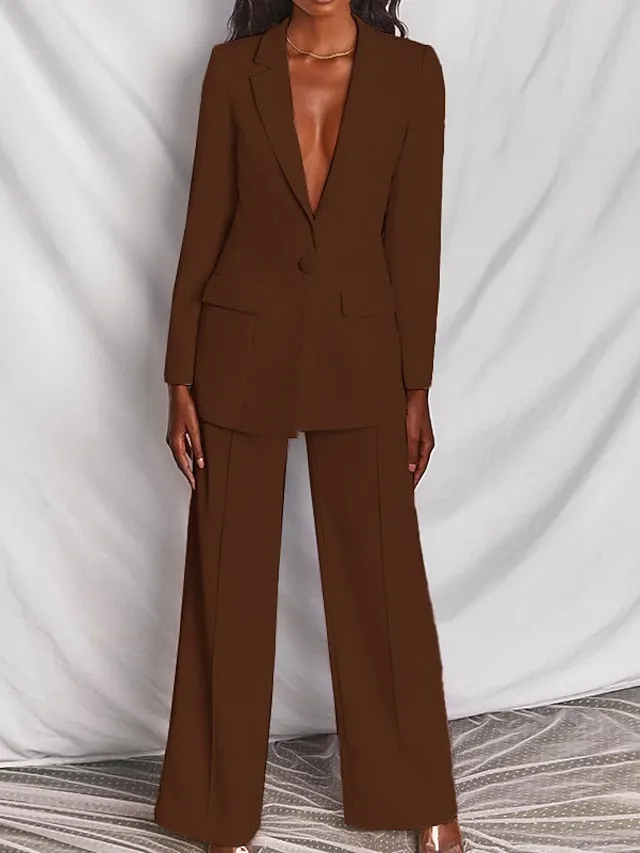 Women's Blazer Office Suit Pants Sets Dress Pants Business Black Yellow Office Daily Solid Color Shirt Collar S M L XL XXL