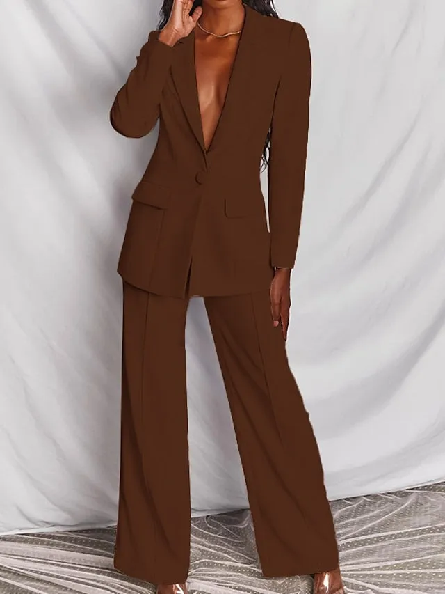 Women's Blazer Office Suit Pants Sets Dress Pants Business Black Yellow Office Daily Solid Color Shirt Collar S M L XL XXL