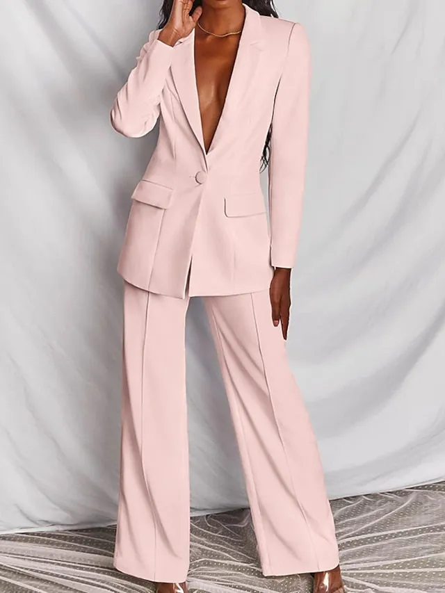 Women's Blazer Office Suit Pants Sets Dress Pants Business Black Yellow Office Daily Solid Color Shirt Collar S M L XL XXL