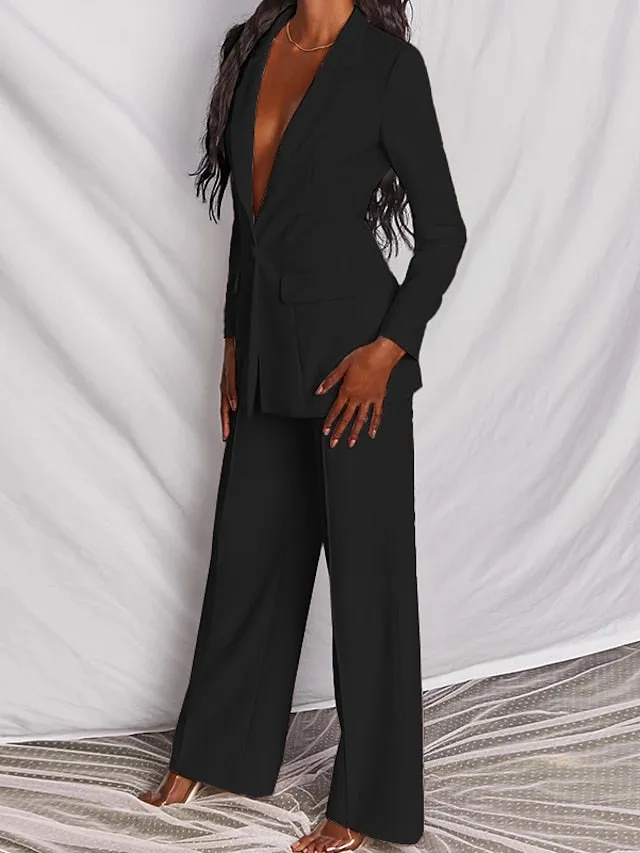Women's Blazer Office Suit Pants Sets Dress Pants Business Black Yellow Office Daily Solid Color Shirt Collar S M L XL XXL