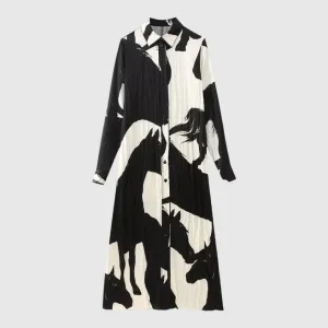 Women's Long Sleeve Black and White Shirt Style Dress