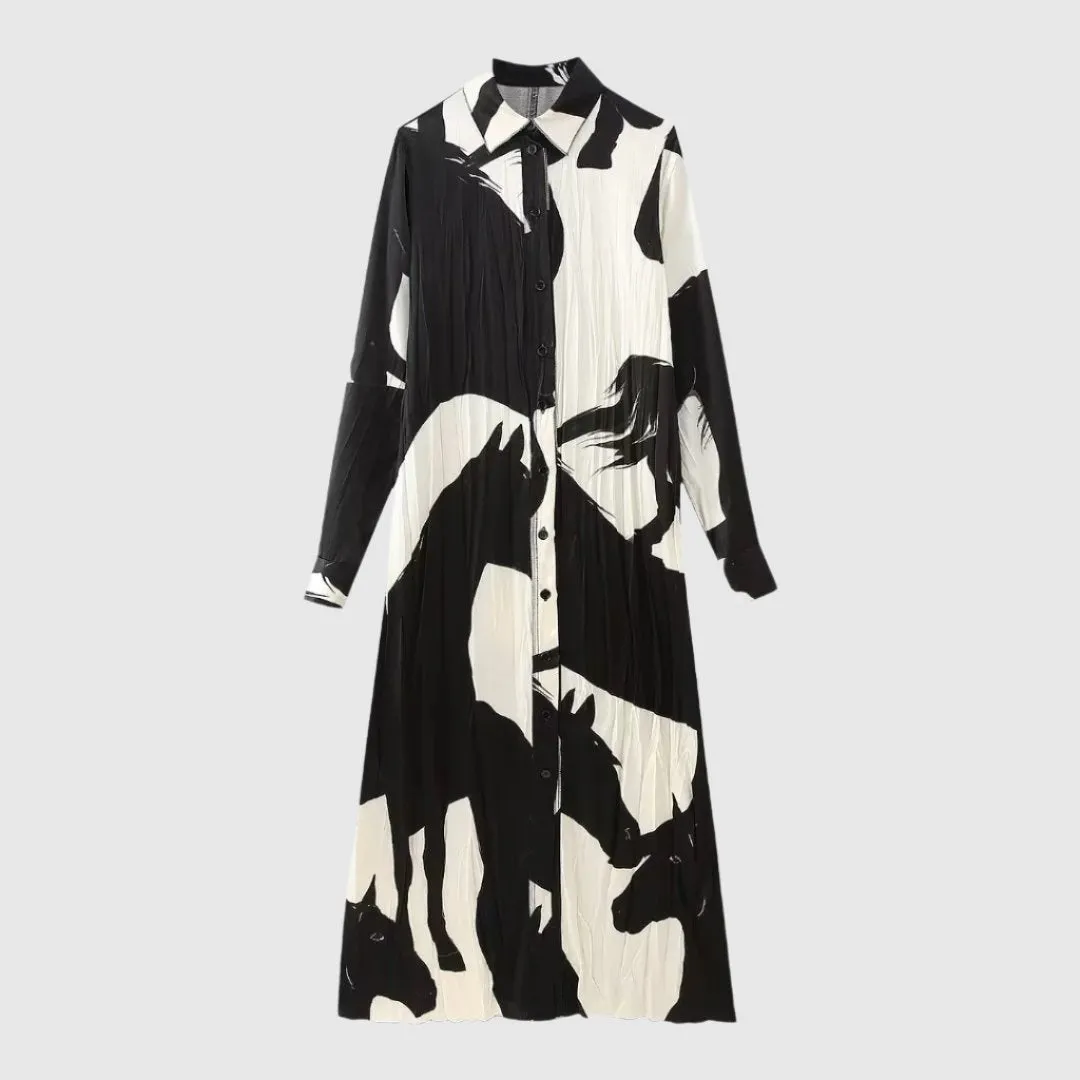 Women's Long Sleeve Black and White Shirt Style Dress