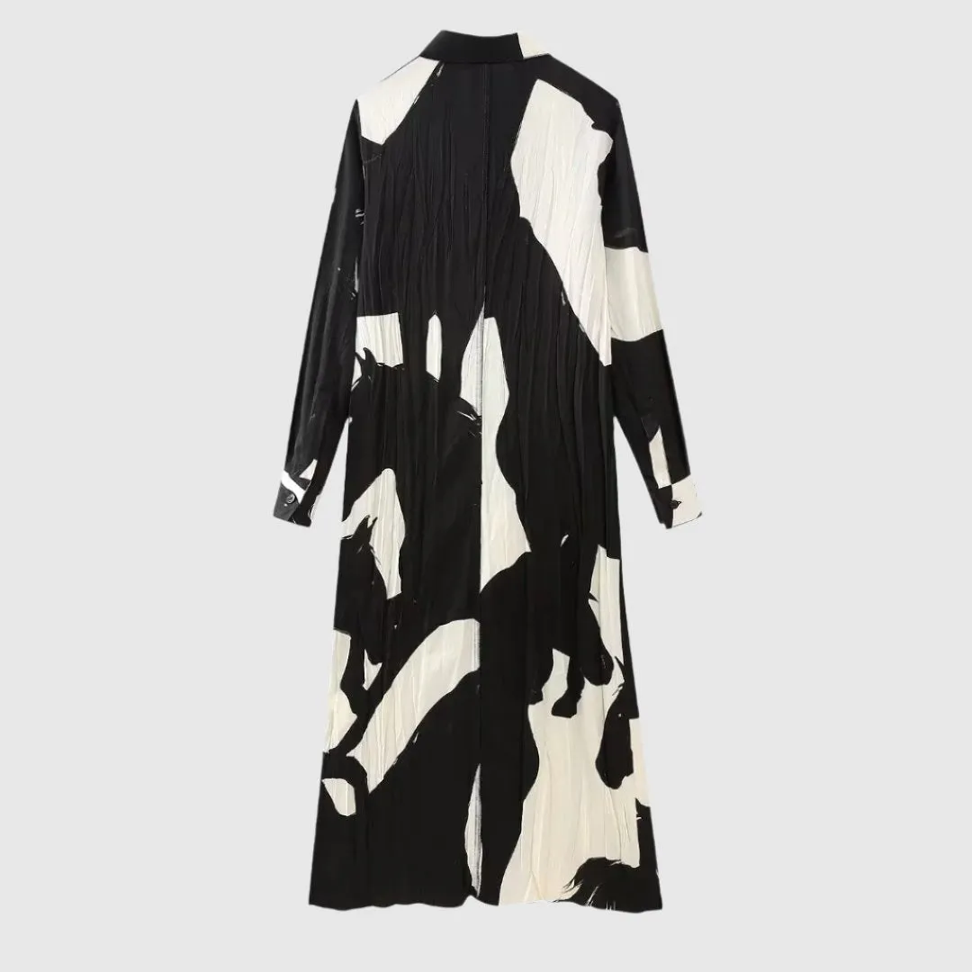 Women's Long Sleeve Black and White Shirt Style Dress