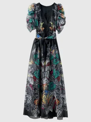 Women's Puff Sleeves V-Neck Floral Print Long Evening Dress