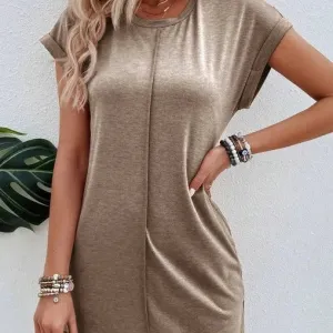 Women's Solid Center Seam T-Shirt Dress in Beige