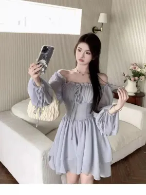 YESMYTOOL  -  Autumn Fashion Sweet Blue High Waist Ruffles Mini Dress Square Neck Long Sleeve Slim Korean Version Women's Pleated Short Dress